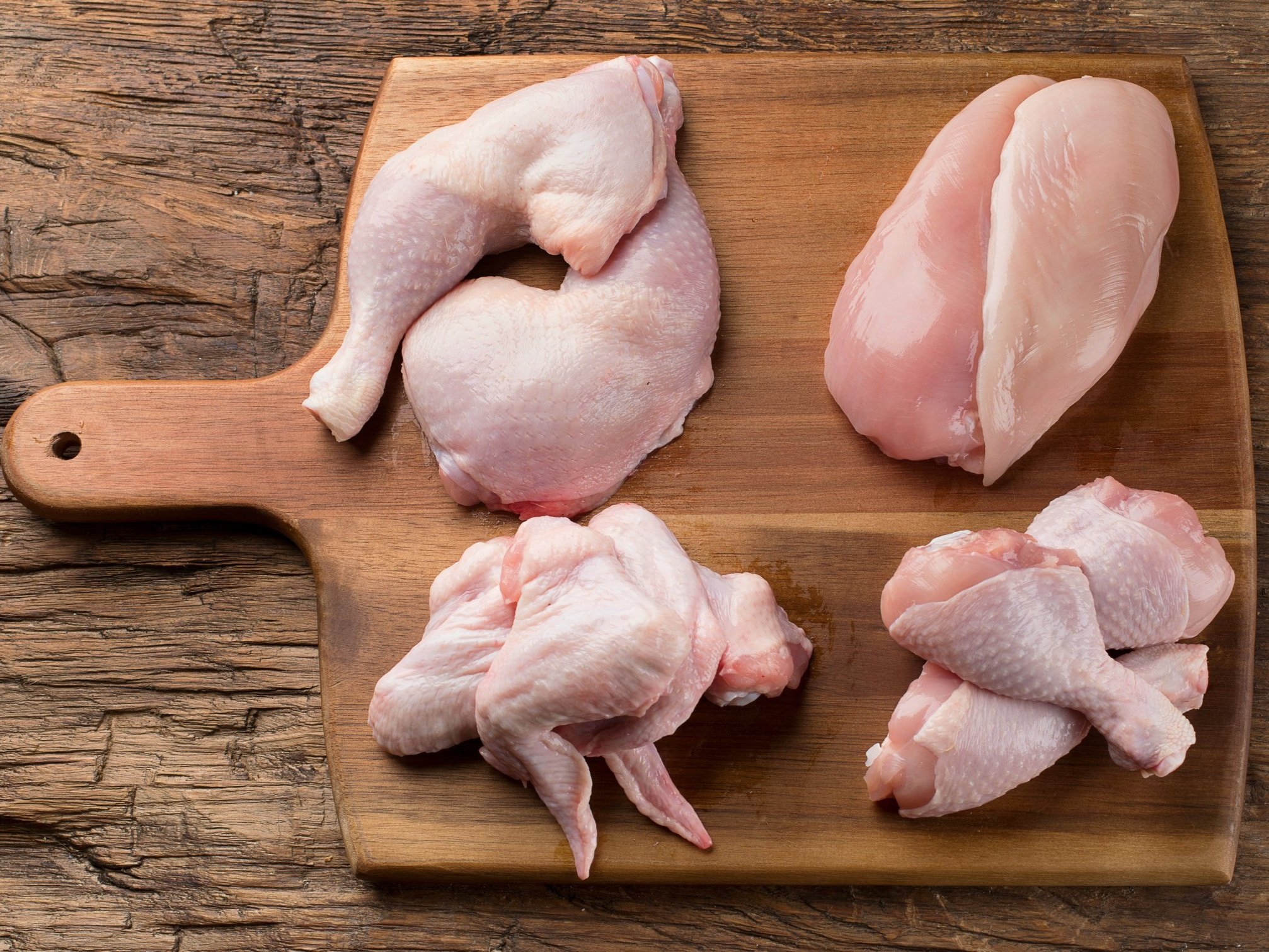 Raw chicken pieces displayed on a wooden cutting board, including chicken thighs, breasts, and wings, showcasing fresh poultry for meal preparation.
